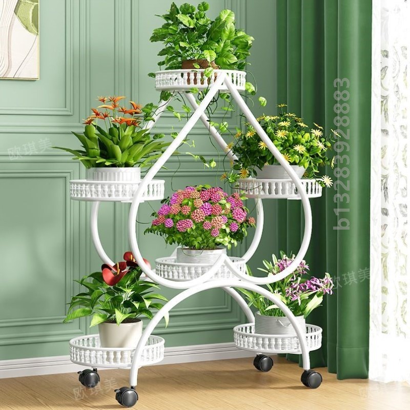 2025款多层心形置物架移动式式带轮落地式花盆架庭院庭院落地花架