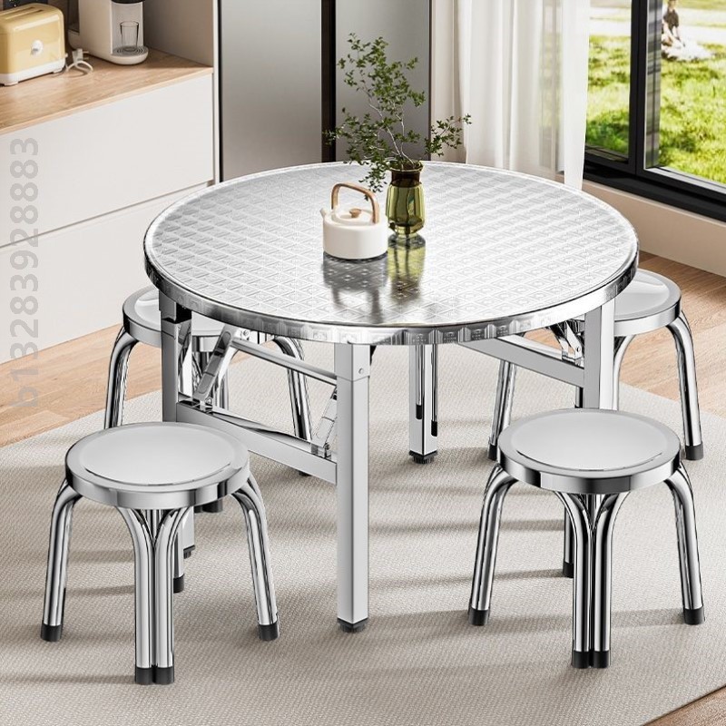 304特厚不锈钢折叠圆桌野外出租房食堂便捷桌学习一体写作专用桌