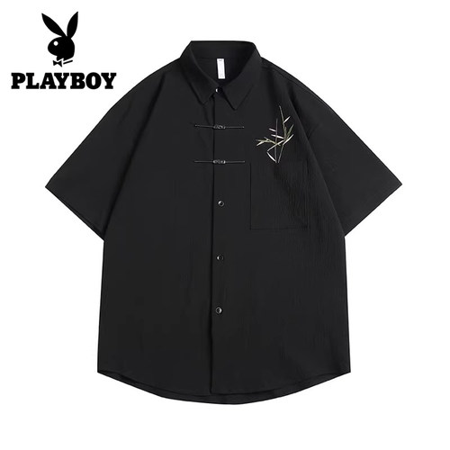 花花公子新中式竹刺绣短袖衬衫男