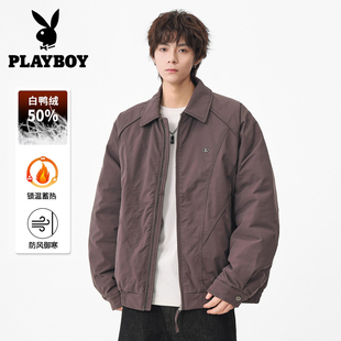 花花公子短款翻领酱紫色羽绒服男女生解构设计感冬季新款美式外套