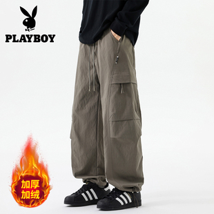花花公子美式复古弯刀裤子工装裤男宽松直筒秋冬加绒厚款休闲阔腿