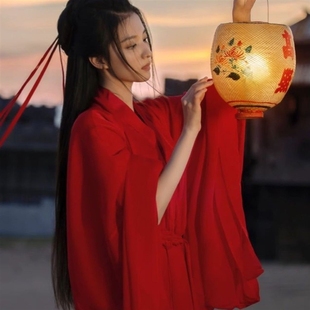 红色魏晋武侠古装汉服女中国风晋制古典舞蹈演出服仙气飘逸春夏款