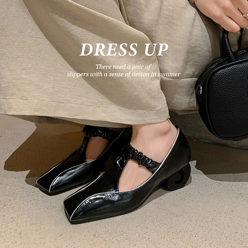 真皮法式方头玛丽珍鞋女单鞋百搭轻熟粗跟高跟鞋女气质高级不累脚