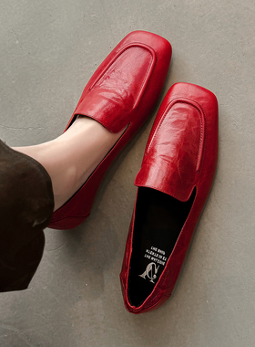 真皮老钱风乐福鞋女真皮软皮一脚蹬平底红色单鞋软底不累脚女鞋