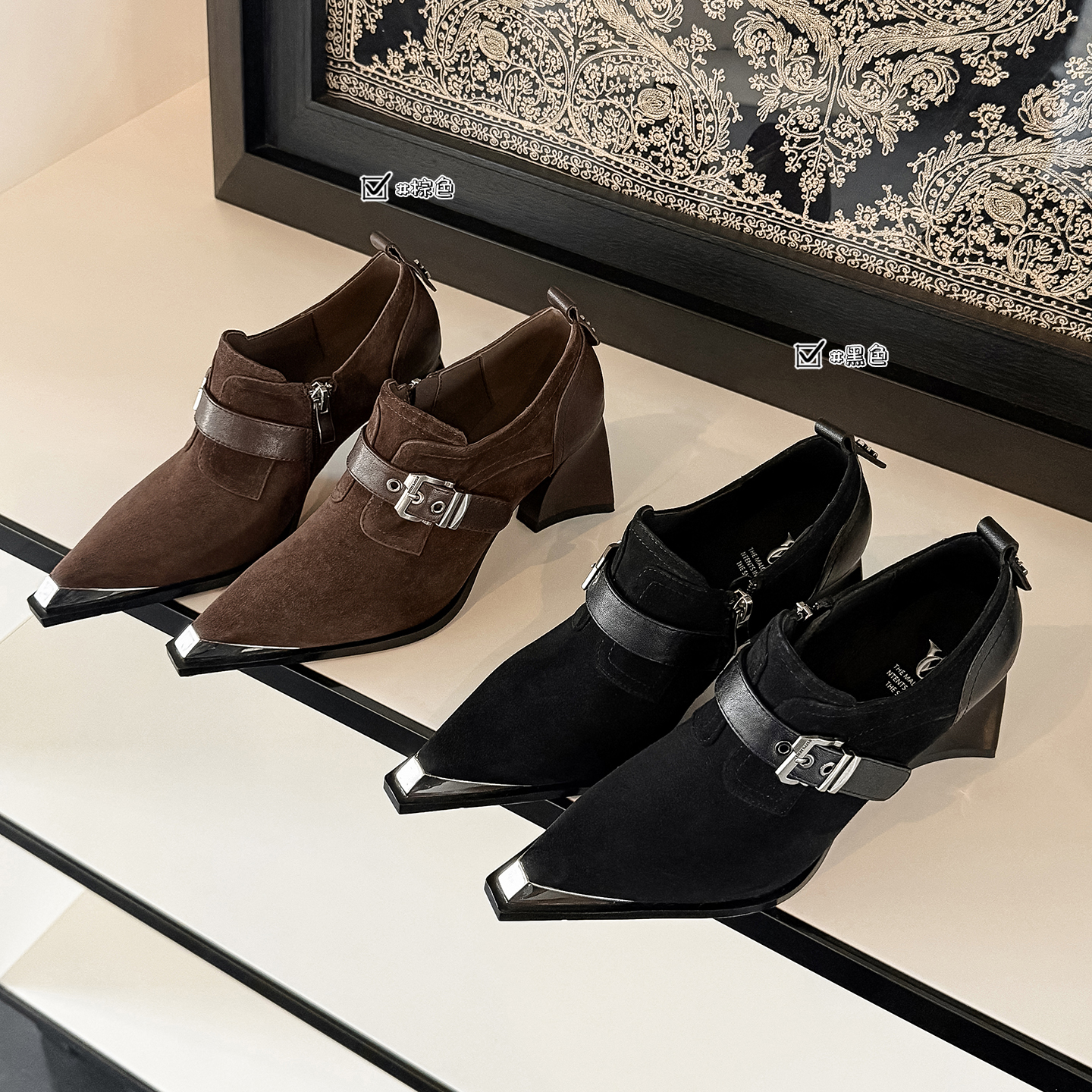 真皮羊皮金属尖头深口单鞋女粗跟