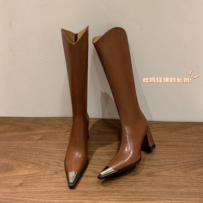真皮显瘦粗跟不过膝长筒靴女高筒