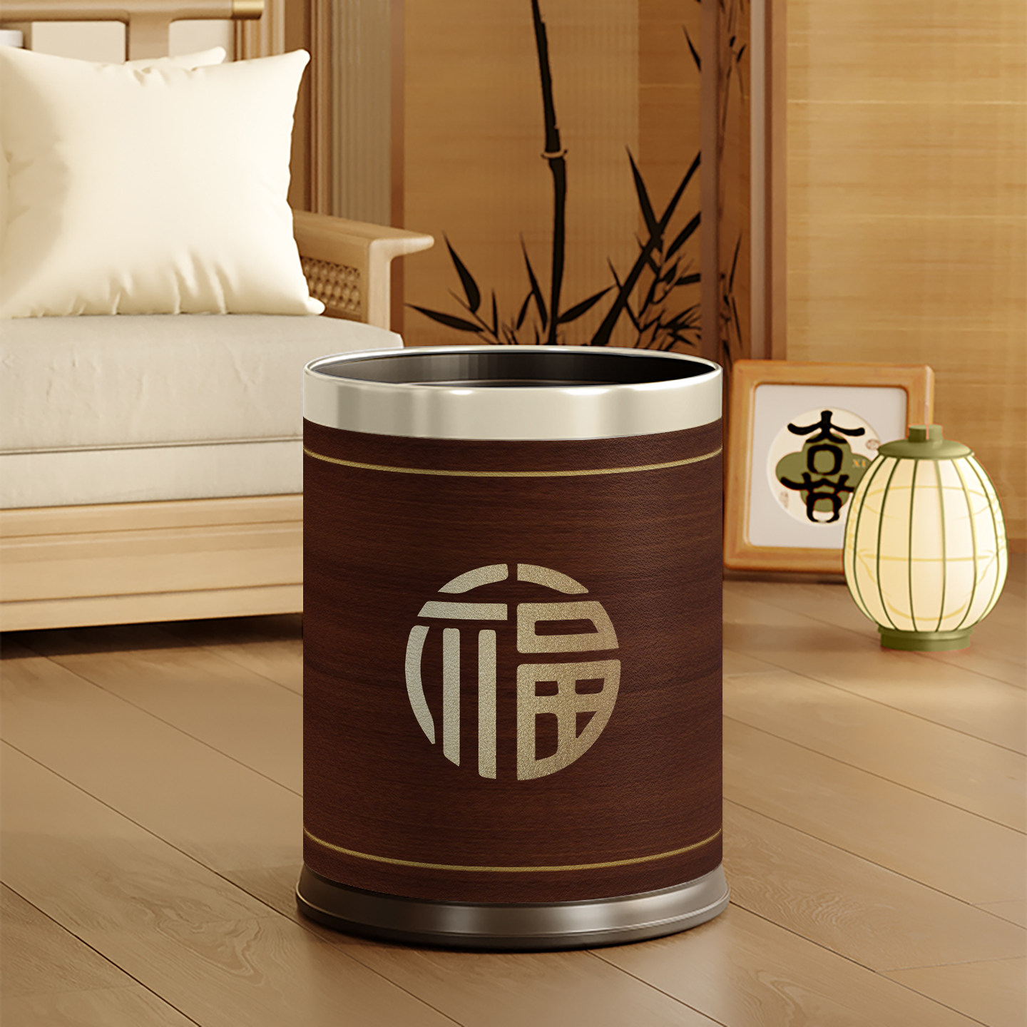 新中式红木垃圾桶家用彷木纹客厅化妆室带盖子双层卧室收纳桶大容