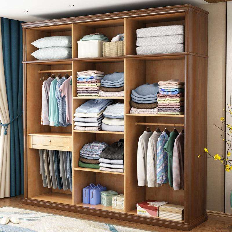 实木衣柜简约推拉门衣柜橡胶木家具卧室对开门收纳储物柜子
