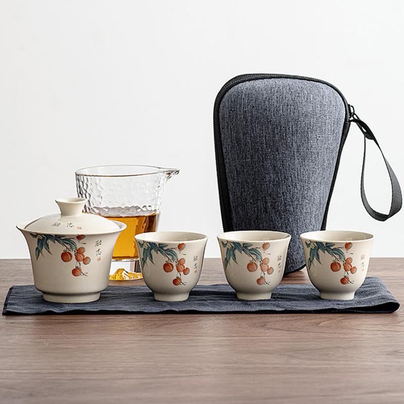 草木灰陶瓷快客杯一壶三杯户外便携式功夫随身小型包旅行茶具套装