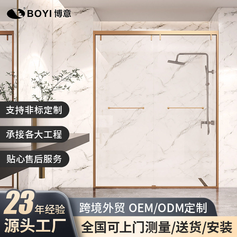 一字型淋浴房不锈钢玻璃隔断香槟金拉丝亮光平开门干湿分离淋浴房