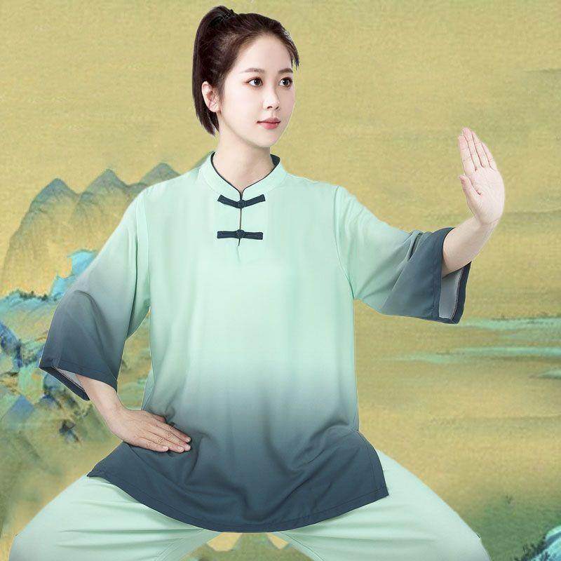 低领中袖太极服女夏季新款薄款速干男武功服装中国风八段锦练功服