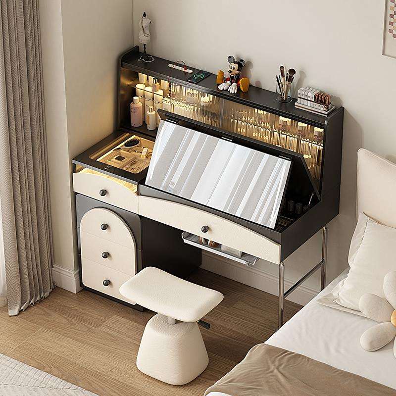 法式奶油风翻盖梳妆台储物柜化妆台现代简约小户型卧室化妆桌一体