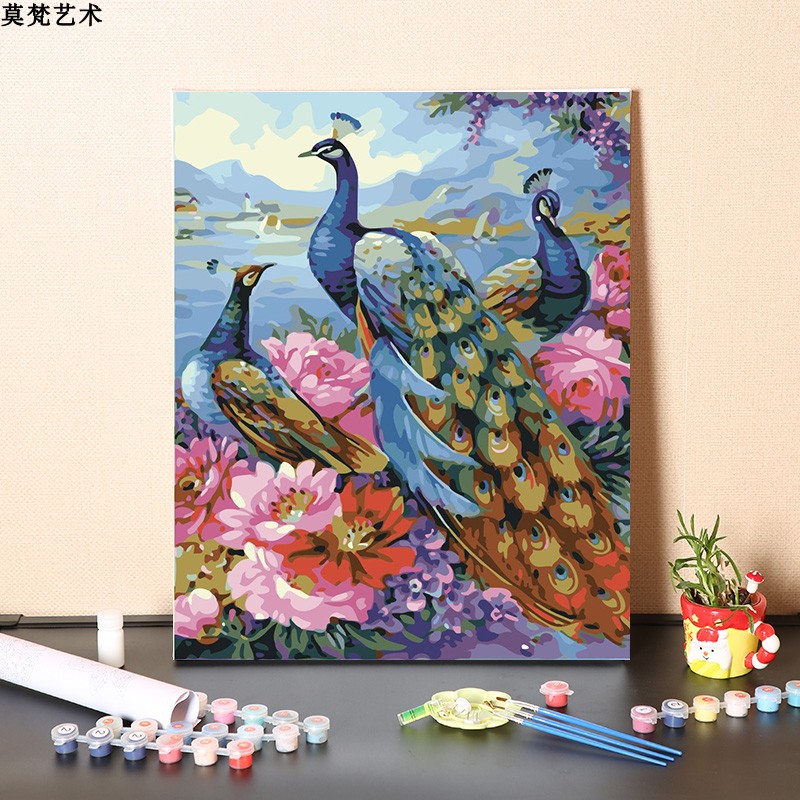 速发圣装罗数字油画手工填充减压孔雀客厅斐饰画手绘丙油涂色烯彩