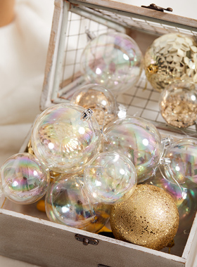 速发 8cm6节m圣色手绘圣诞球透明七彩透明球彩诞c装饰品蓝色