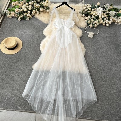 速发高级感轻纱礼服裙子仙气网纱吊带长裙设计感连体衣假两件连衣