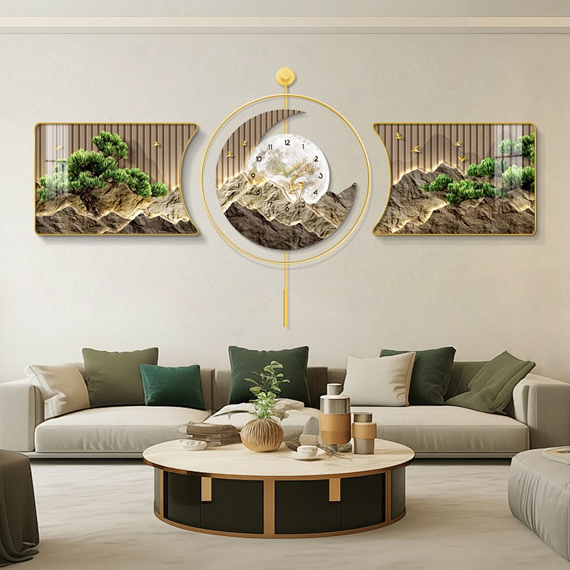 速发轻三客厅装饰画福鹿景山高级感钟表山水奢联画沙发背金墙挂画
