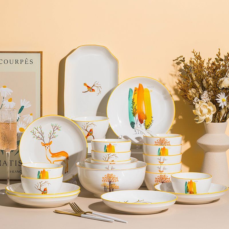 速发法家晶碗碟盘套装餐具兰用碗瓷碗筷盘子碟子汤碗面陶组合碗具