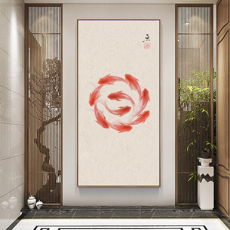 速发运转鱼玄关装饰画寓意好的餐厅走廊过道壁画新中式客厅九鱼图