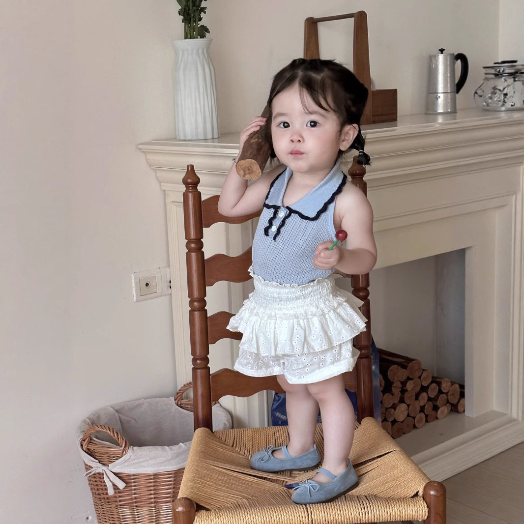 Cutemily夏女婴童翻领针织上衣女宝天丝镂空紧身挂脖露背薄款背心