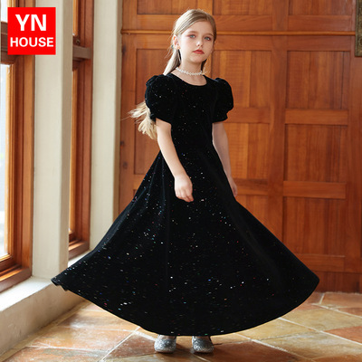 儿童黑色晚礼服小主持人女童高端公主裙轻奢小众钢琴演奏演出服