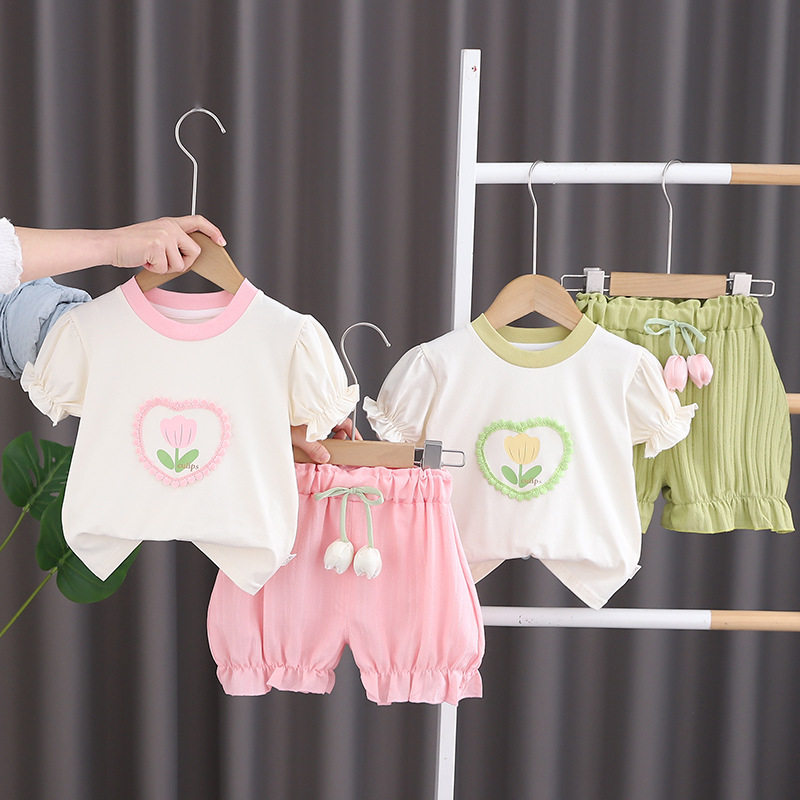 女童夏装爱心花边小孩套装夏季宝宝短袖可爱0-5岁两件套一件代发