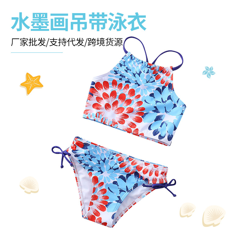 2025欧美新款分体儿童泳衣女宝宝比基尼小中大童系带泳装现货