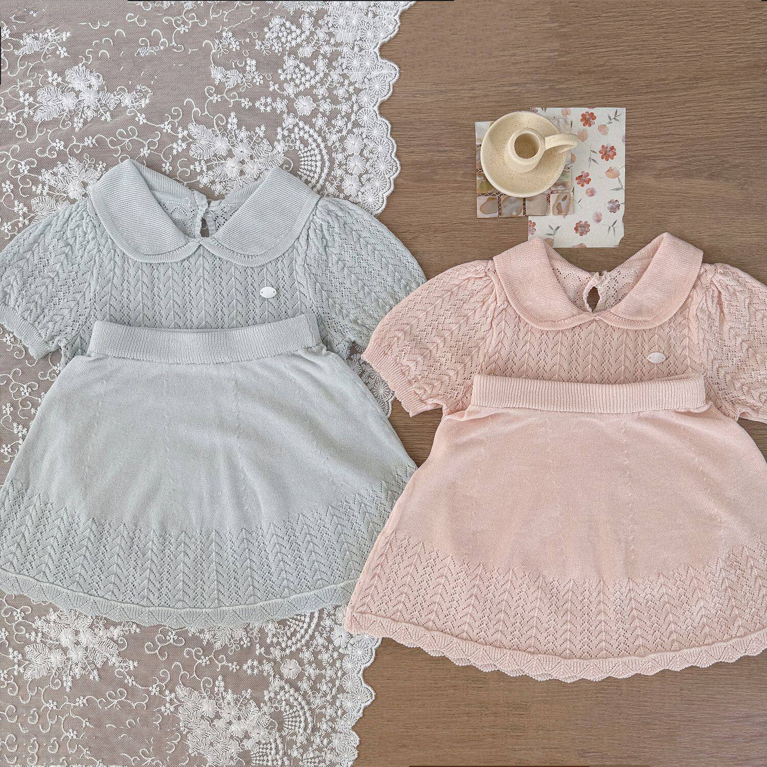 Cutemily夏ins女婴童学院风天丝针织衫女宝元宝领上衣＋半裙2件套