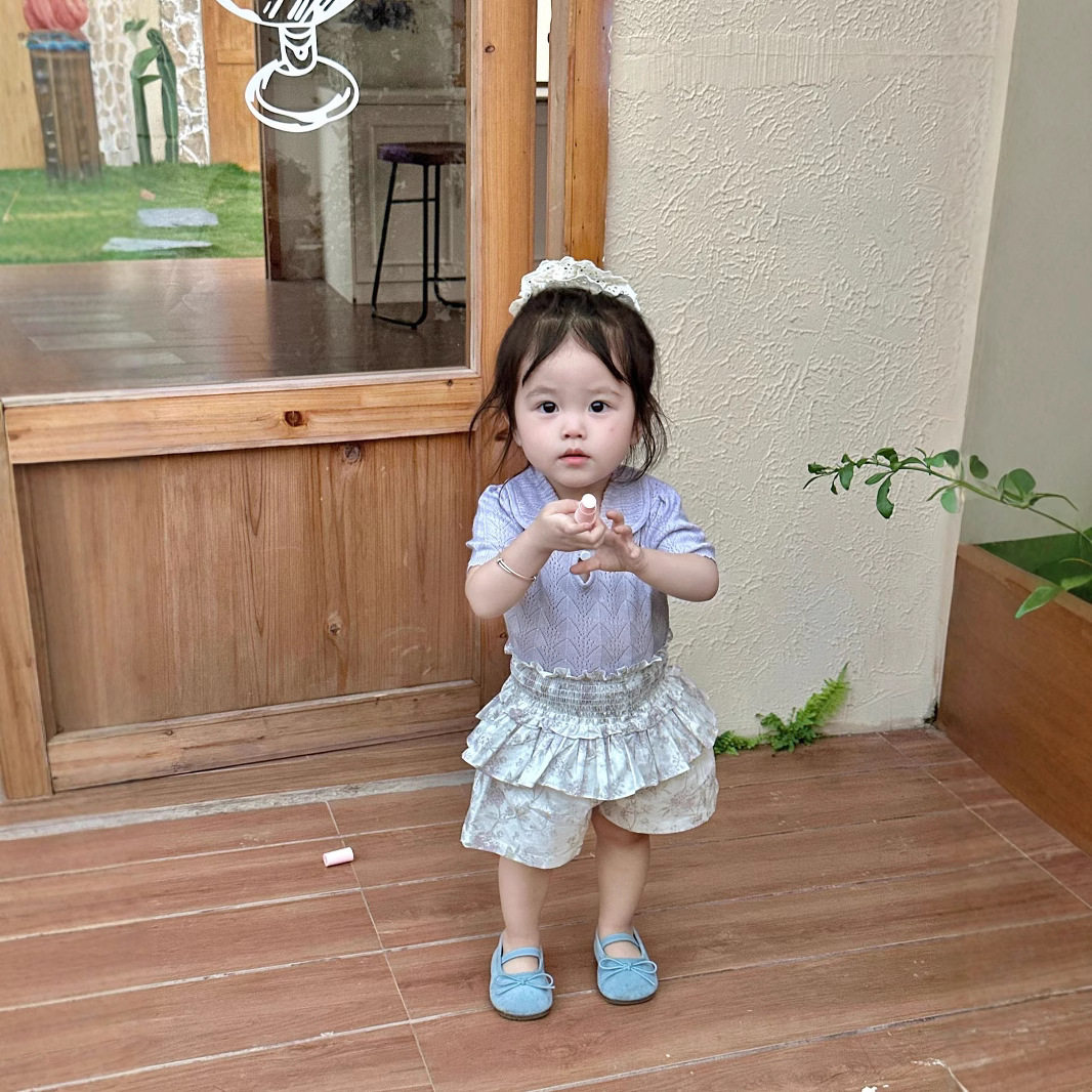 Cutemily夏 女童套头元宝领镂空针织衫女宝薄款可爱天丝针织短袖