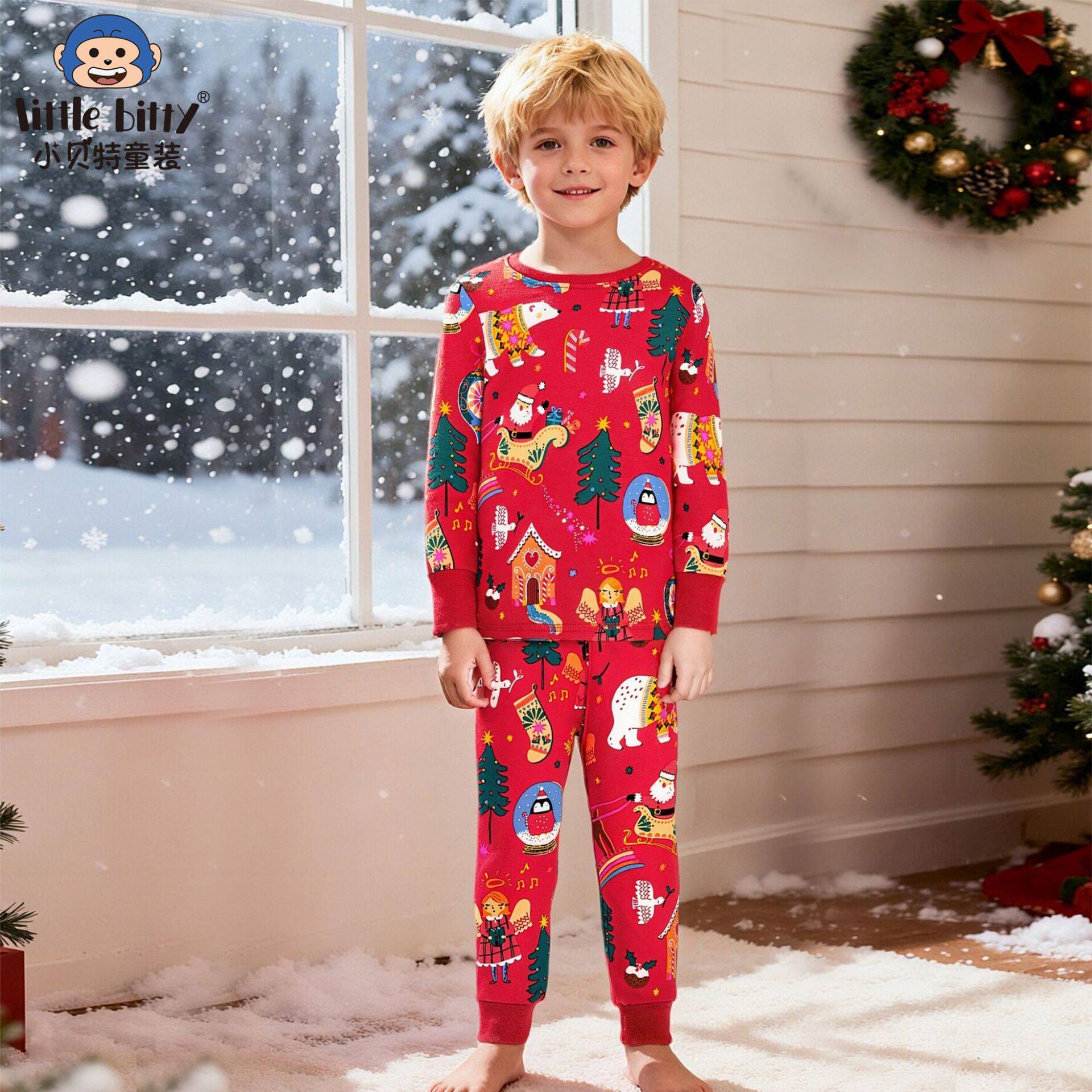 跨境25秋冬童装圣诞节长袖长裤套装卡通圣诞印花家居服两件套睡衣