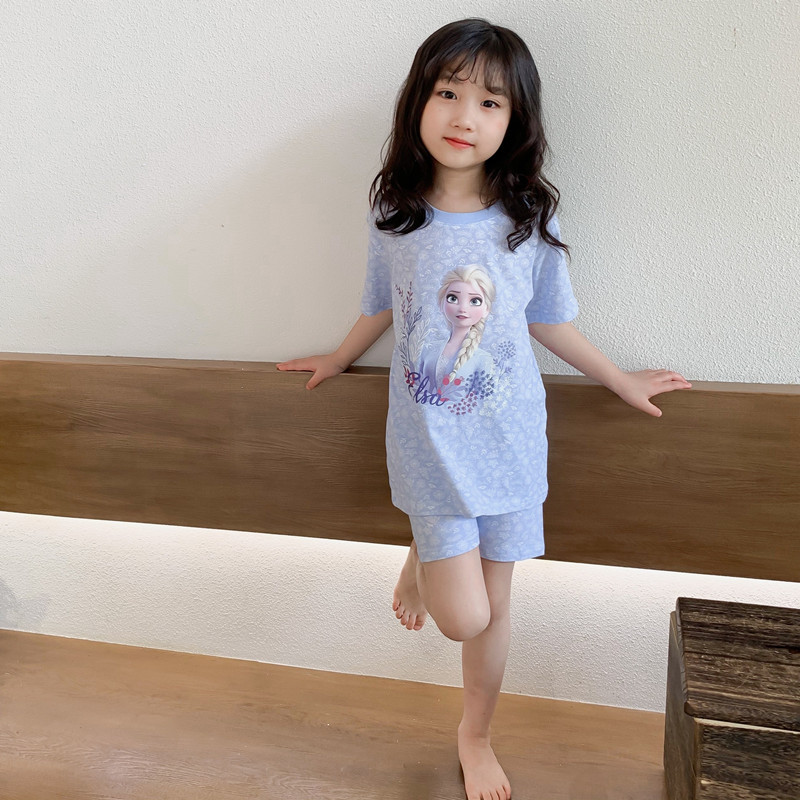 冰雪奇缘儿童棉家居服套装春夏女童爱莎公主睡衣短袖短裤两件套