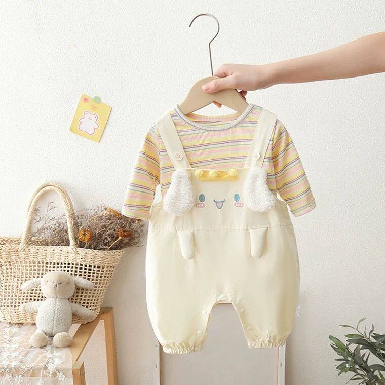 婴儿秋天套装爬服春秋季男女宝宝条纹长袖背带裤两件套连体衣哈衣