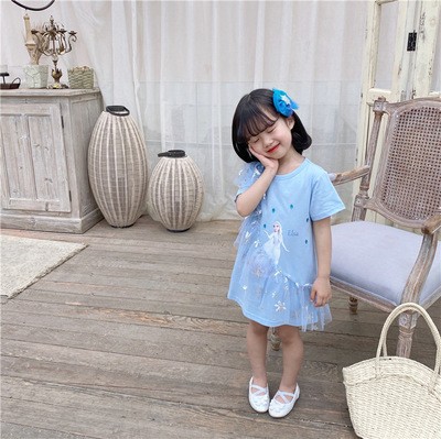 女童连衣裙夏装洋气女宝宝爱莎t恤裙儿童冰雪奇缘短袖艾莎裙子