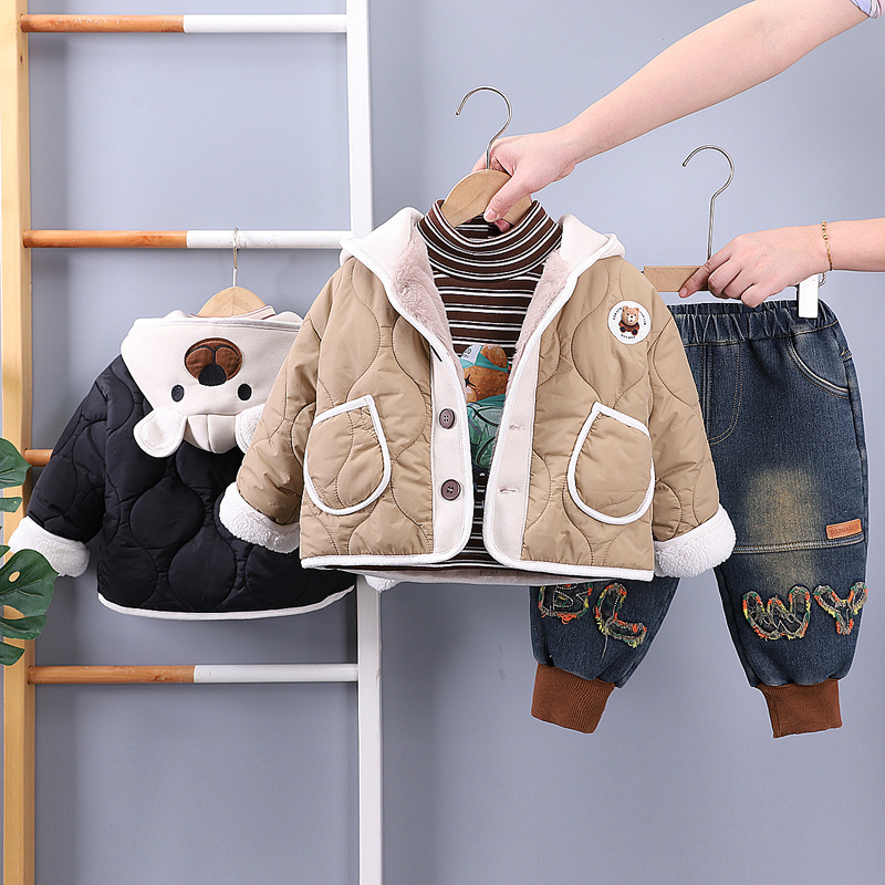 宝宝冬装棉衣小熊牛仔裤三件套装加厚儿童2婴儿秋冬童装1岁男童冬