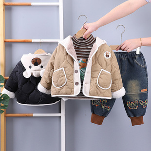 宝宝冬装棉衣小熊牛仔裤三件套装加厚儿童2婴儿秋冬童装1岁男童冬