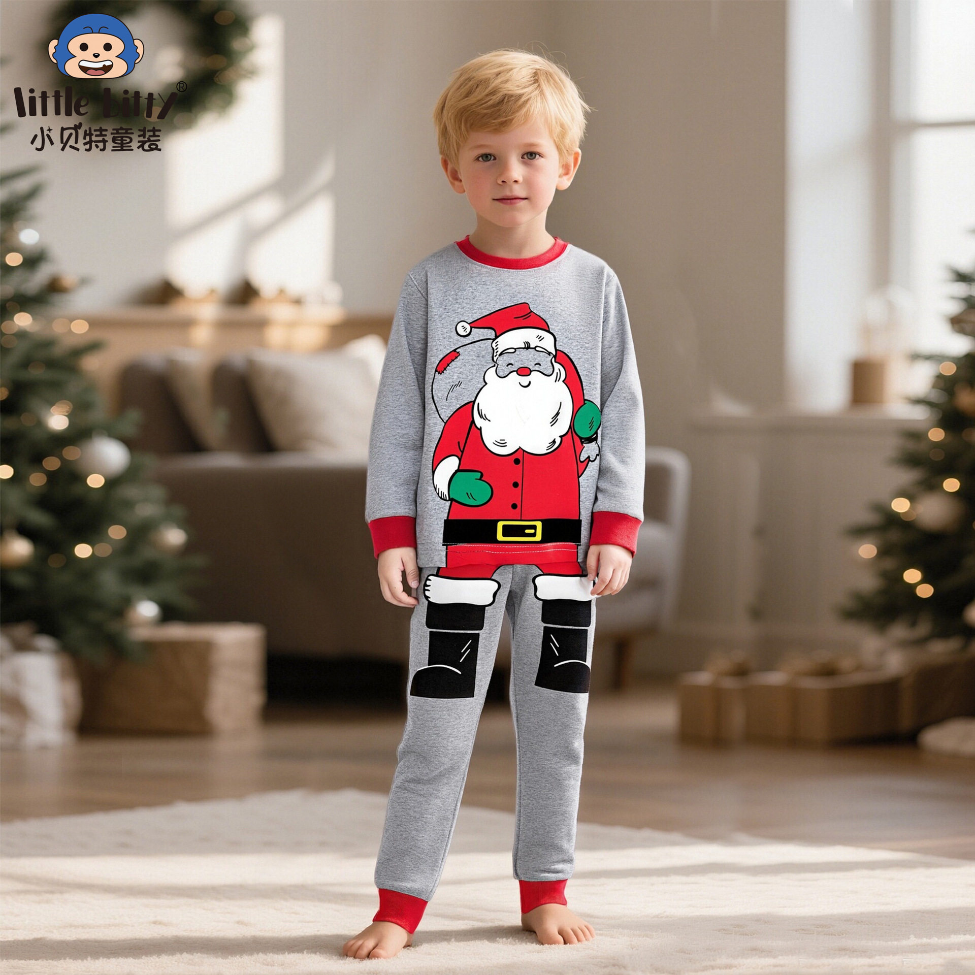 跨境秋冬童装圣诞节长袖长裤套装卡通圣诞节老人印花家居服睡衣