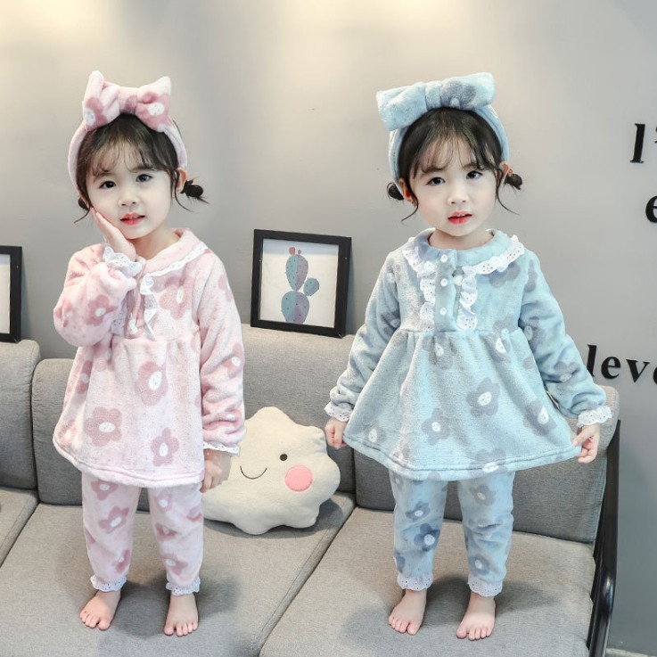 秋冬季儿童睡衣套装小女孩居家服法兰绒女童家居服送发带加厚款