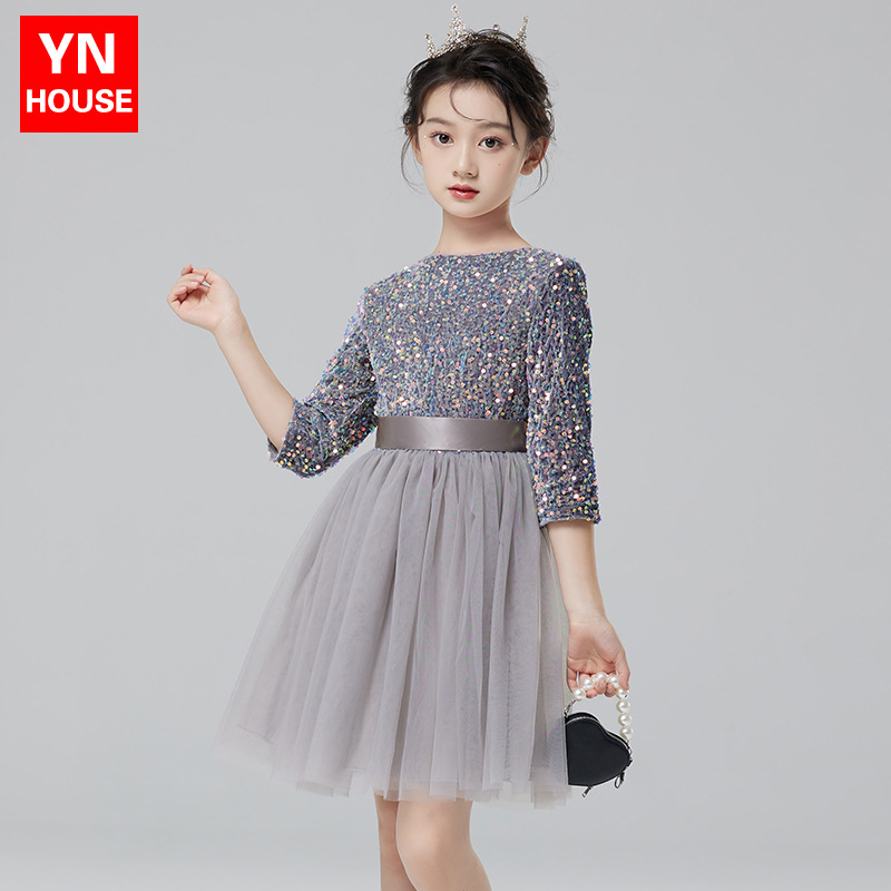 儿童礼服女童高端公主裙灰色钢琴演出裙主持人短款长袖周岁童礼服