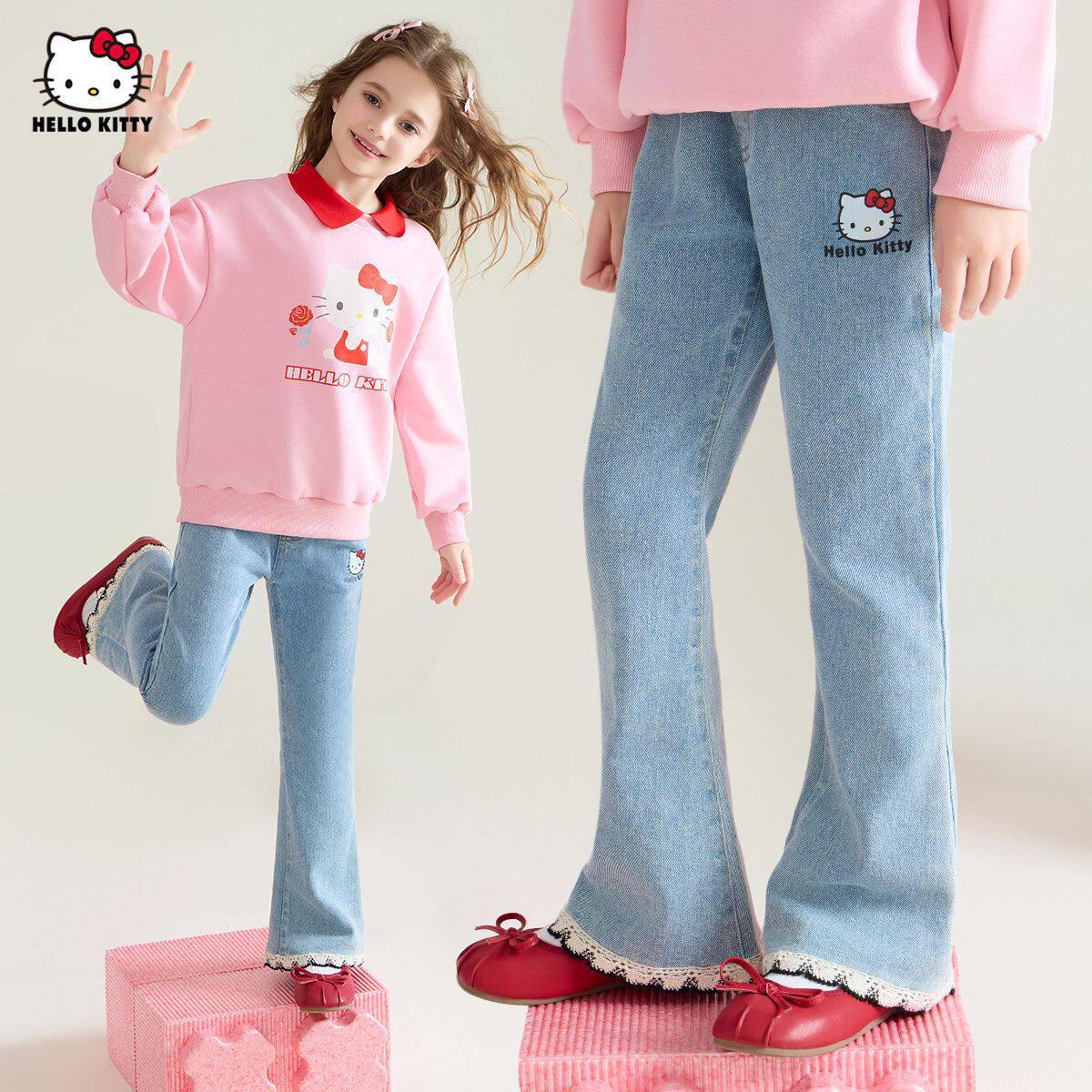 HelloKitty儿童牛仔裤女童2025新款春季宝宝中大童外穿裤子运动裤