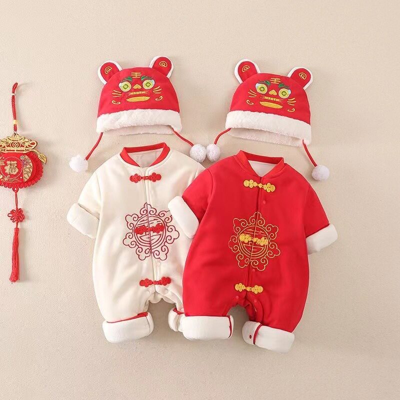 新生婴幼儿拜年服喜庆冬装连体衣加厚百天哈衣满月新年过年连体衣
