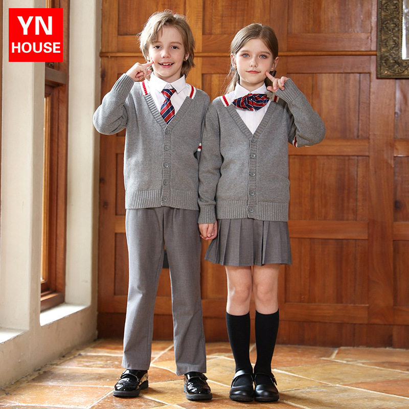 小学生灰色毛线衫英伦风儿童校服班服男女童针织衫幼儿园园服套装