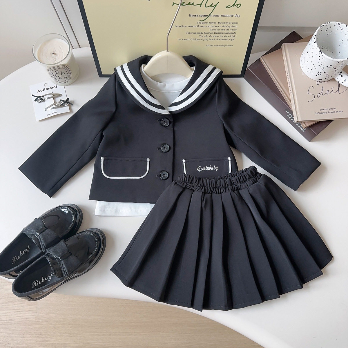 女童学院风套装春秋季新款女宝宝外套打底衫百褶裙三件套