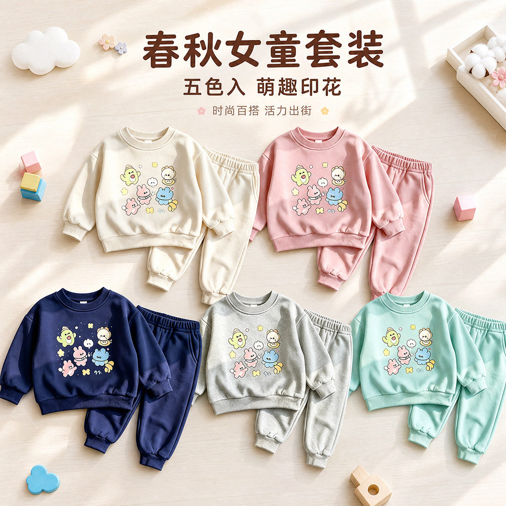 春秋女童甜美套装韩版时尚上衣新款卡通长袖卫衣束脚裤洋气两件套