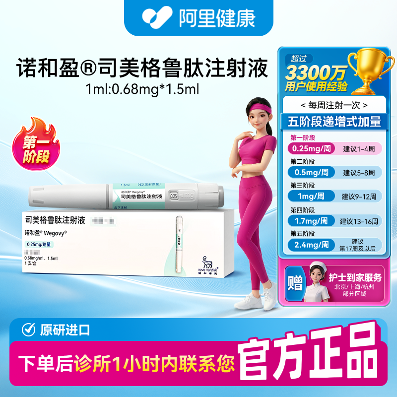 【诺和盈】司美格鲁肽注射液1.5ml(0.68mg/ml)/支0.25mg/剂量（广东）诊所1小时内联系您