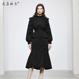 冬季女装2025新款黑色收腰中长款羽绒服加厚过膝修身白鸭绒外套潮