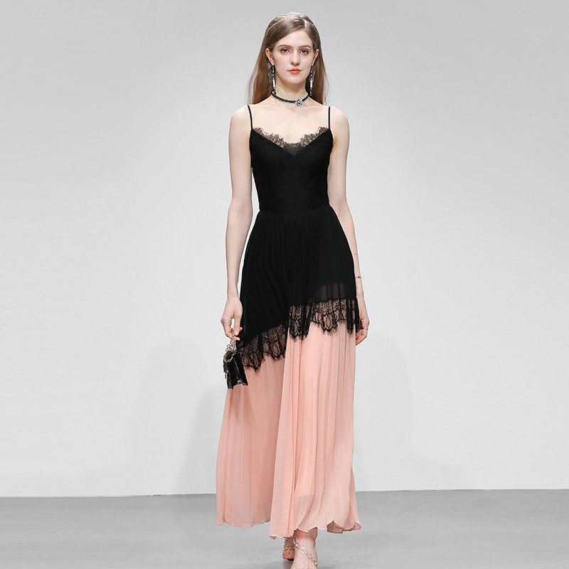 2026夏新款法式优雅高级感蕾丝撞色拼接吊带长裙气质黑色连衣裙