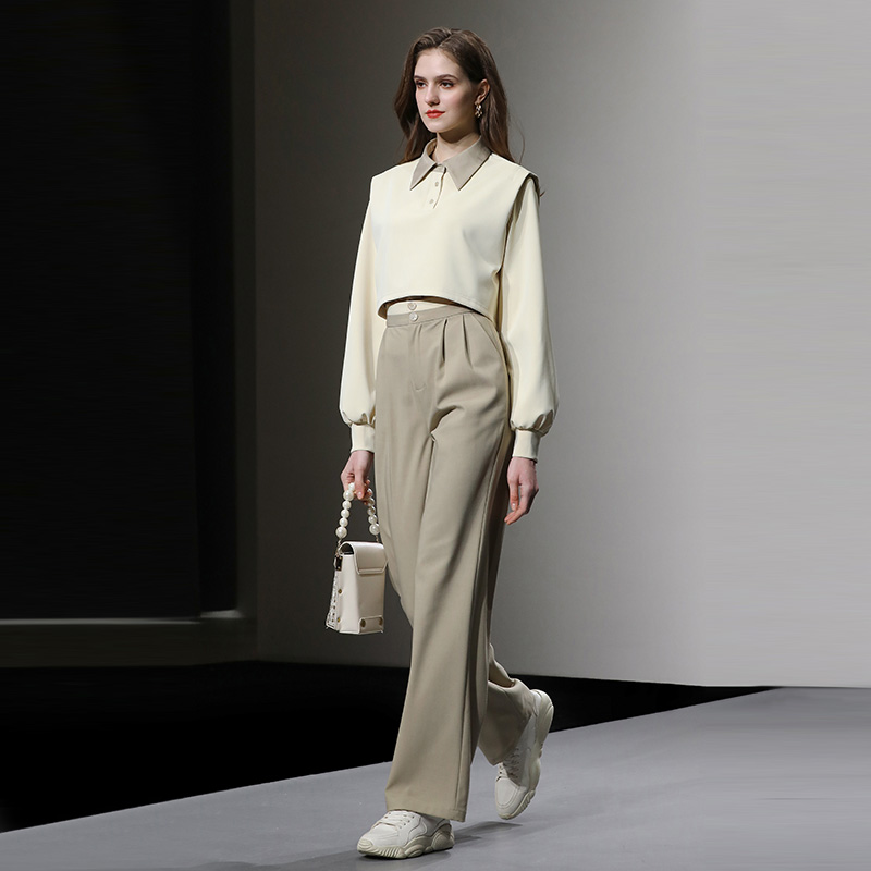2025秋季新款休闲撞色假两件宽松长袖卫衣+高腰窄版阔腿长裤套装