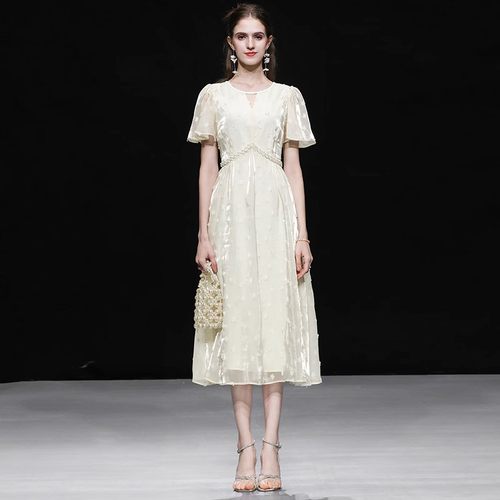 立体花复古小众收腰大摆钉珠