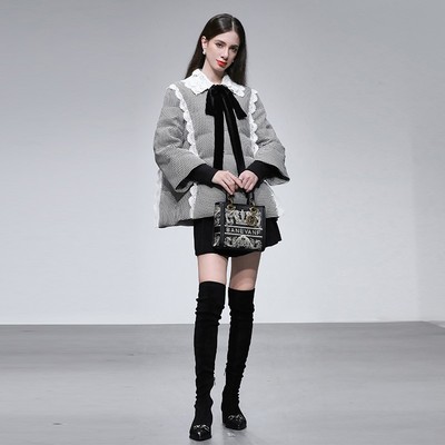 2025冬季新款通勤双层花边翻领灯笼袖A字千鸟格粗花呢羽绒服外套