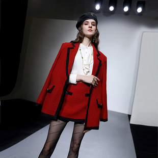 2025秋冬季新款复古港风宽松羊毛粗花呢外套+时尚百搭裙裤套装