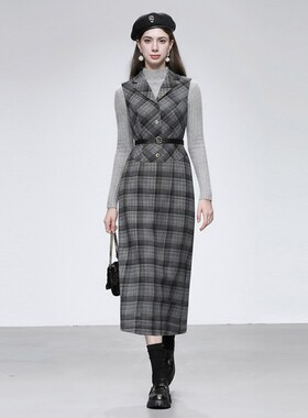 2025冬季新款时尚气质翻领无袖收腰直筒长裙学院风格子连衣裙女